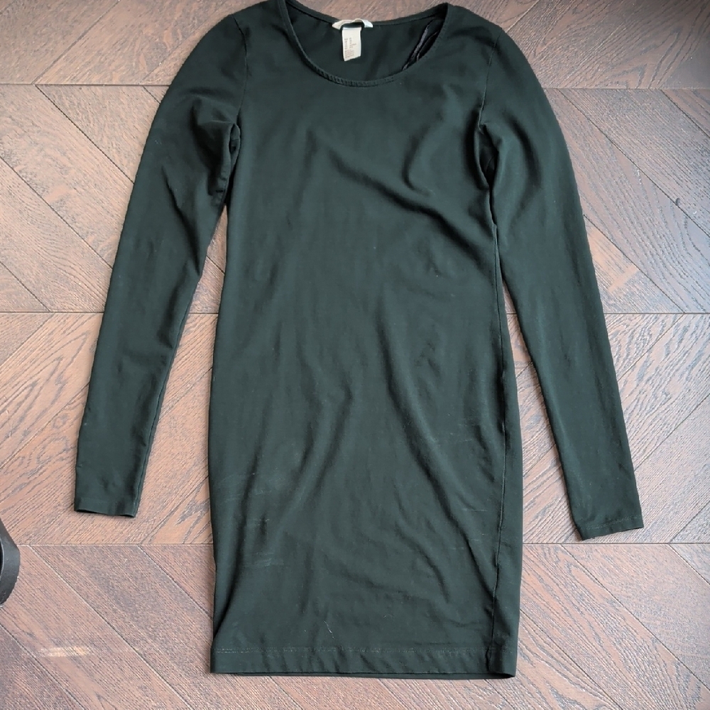 H&M Green Long Sleeve Cotton Mini Dress | Casual Everyday | Size XS